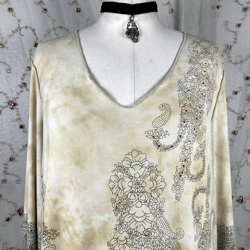 Avenue Vtg Y2K Rhinestone Paisley Lettuce Hem Summery Boho Hippie Sweater Top 2X - Picture 4 of 12